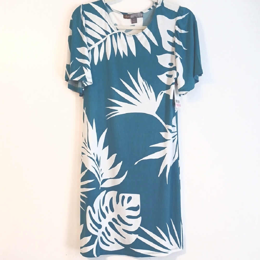 Alexandra & Oak Blue Combo "Tropical Leaf" Dress in Size Small (NWT)